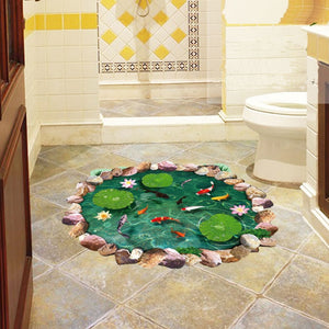 3D lotus pond Fish Floor sticker bathroom