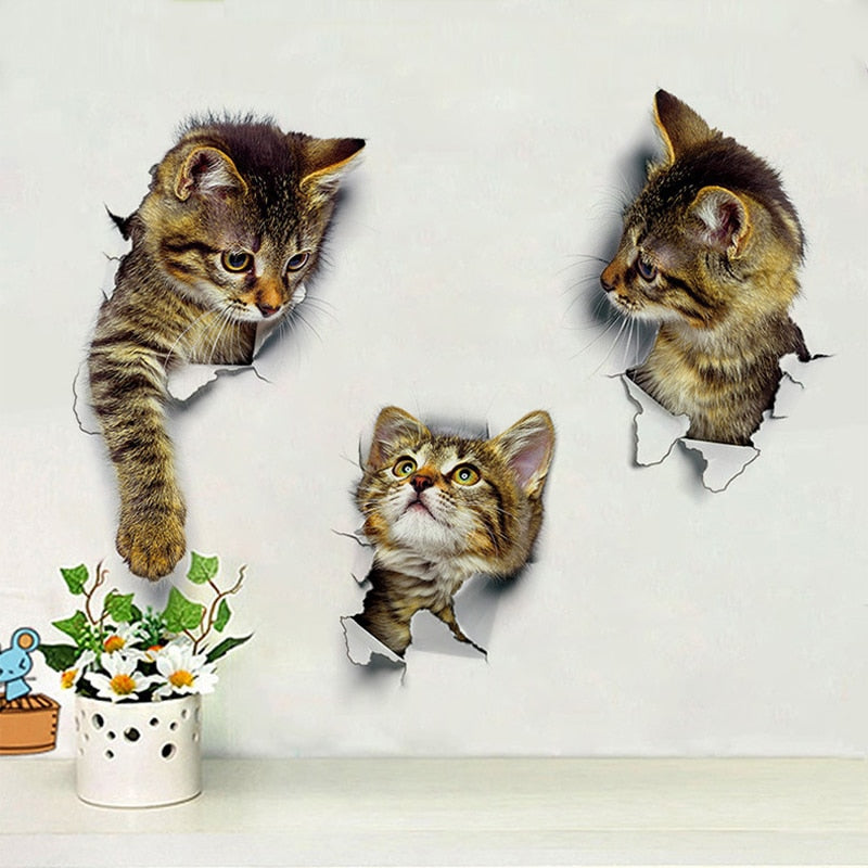 3D Cats Wall Sticker Hole View Bathroom